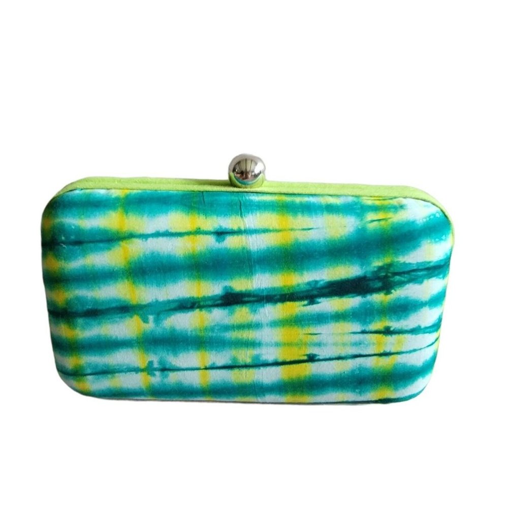 Roberta Freymann Womens Tie-Dye Clutch Purse Green Yellow Chain Strap Rectangle